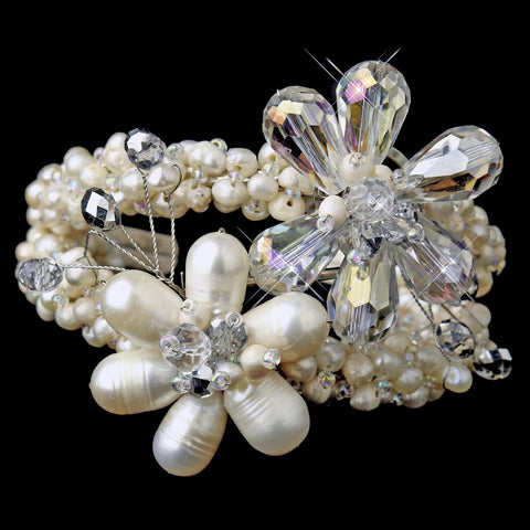 Silver Ivory Freshwater Pearl And AB Crystal Bridal Wedding Cuff Bridal Wedding Bracelet 8775