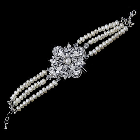 Antique Silver Ivory Freshwater Pearl & Swarovski Crystal Bridal Wedding Bracelet 8780