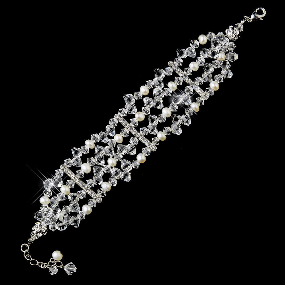 Silver Austrian Crystal & Diamond White Freshwater Pearl Bridal Wedding Clasp Bridal Wedding Bracelet 8781