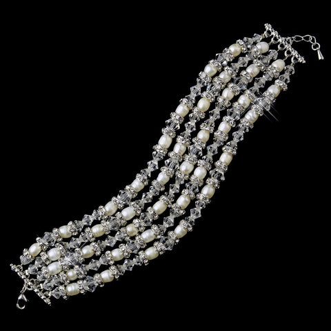 Antique Silver Diamond White Freshwater Pearl & Swarovski Crystal Bead Bridal Wedding Clasp Bridal Wedding Bracelet 8782