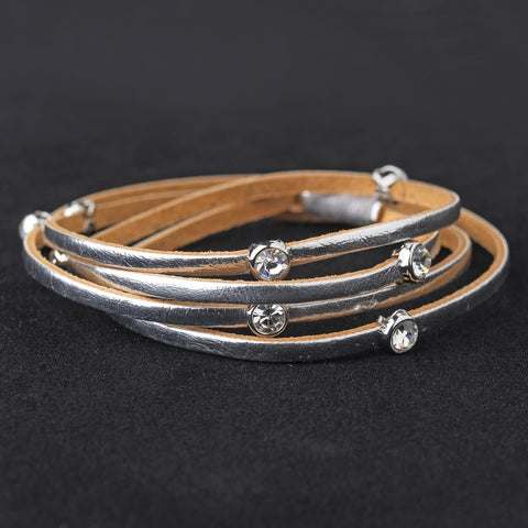 Leather Wrap 3 Strands with Stone Silver Bridal Wedding Bracelet 8814