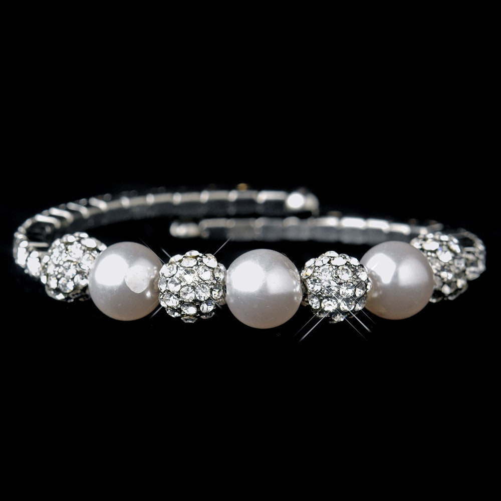 Silver White Pearl & Clear Rhinestone Fashion Coil Bridal Wedding Bracelet 8824