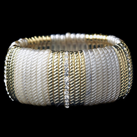 Gold Cream & Clear Rhinestone Fashion Stretch Bridal Wedding Bracelet 8830