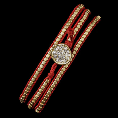 Red Studded Bohemian Wrap Bridal Wedding Bracelet with Rhinestone Adornment 8862