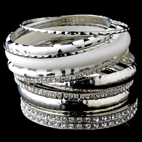 Silver & White Rhinestone Animal Print Stackable Bridal Wedding Bracelet Set 8868