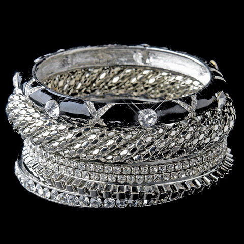 Silver & Black Rhinestone 6 Piece Bangle Bridal Wedding Bracelet Set 8869
