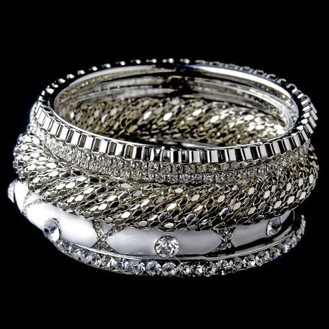 Silver & White Rhinestone 6 Piece Bangle Bridal Wedding Bracelet Set 8869
