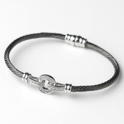 Black Clear CZ Accented Cable Bangle Bridal Wedding Bracelet 8874