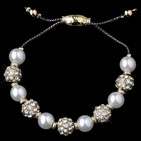Gold White Pearl Rhinestone Pave Disco Ball Shambhala Bridal Wedding Bracelet 8879