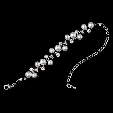 Silver White Pearl & Clear Rhinestone Bridal Wedding Bracelet 8899