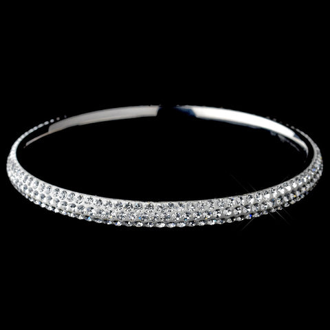 Silver with White Enamel & Clear Rhinestones Bangle Bridal Wedding Bracelet 8971