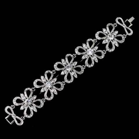 Antique Silver Rhodium Clear Rhinestone Floral Butterfly Bridal Wedding Bracelet 9086