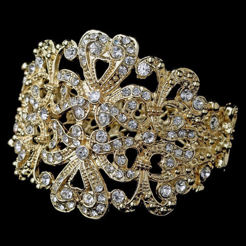 Light Gold Clear Rhinestone Heart Cuff Bridal Wedding Bracelet 910