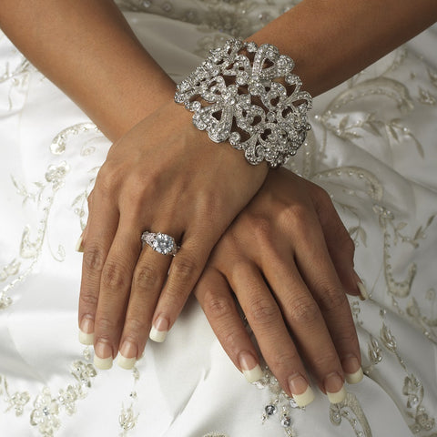 Ornate Antique Silver Clear Bridal Wedding Bracelet B 910