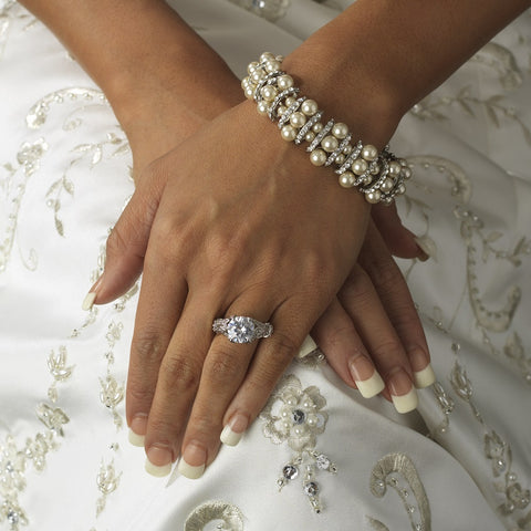 Stretch Silver Ivory Bridal Wedding Bracelet B 923