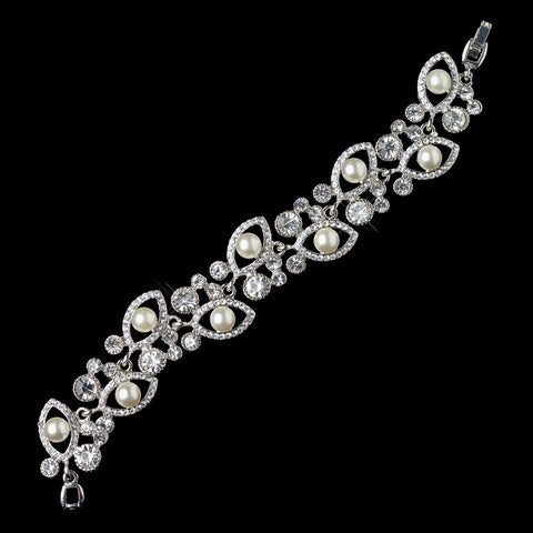 Rhodium Clear Rhinestone & Ivory Pearl Bridal Wedding Bracelet 9237