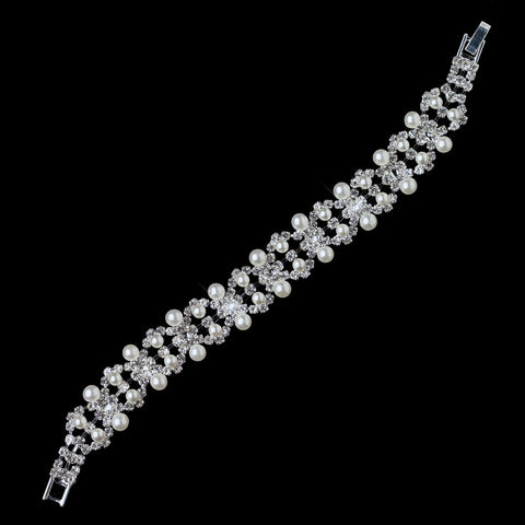 Silver White Pearl & Clear Rhinestone Bridal Wedding Bracelet 9241