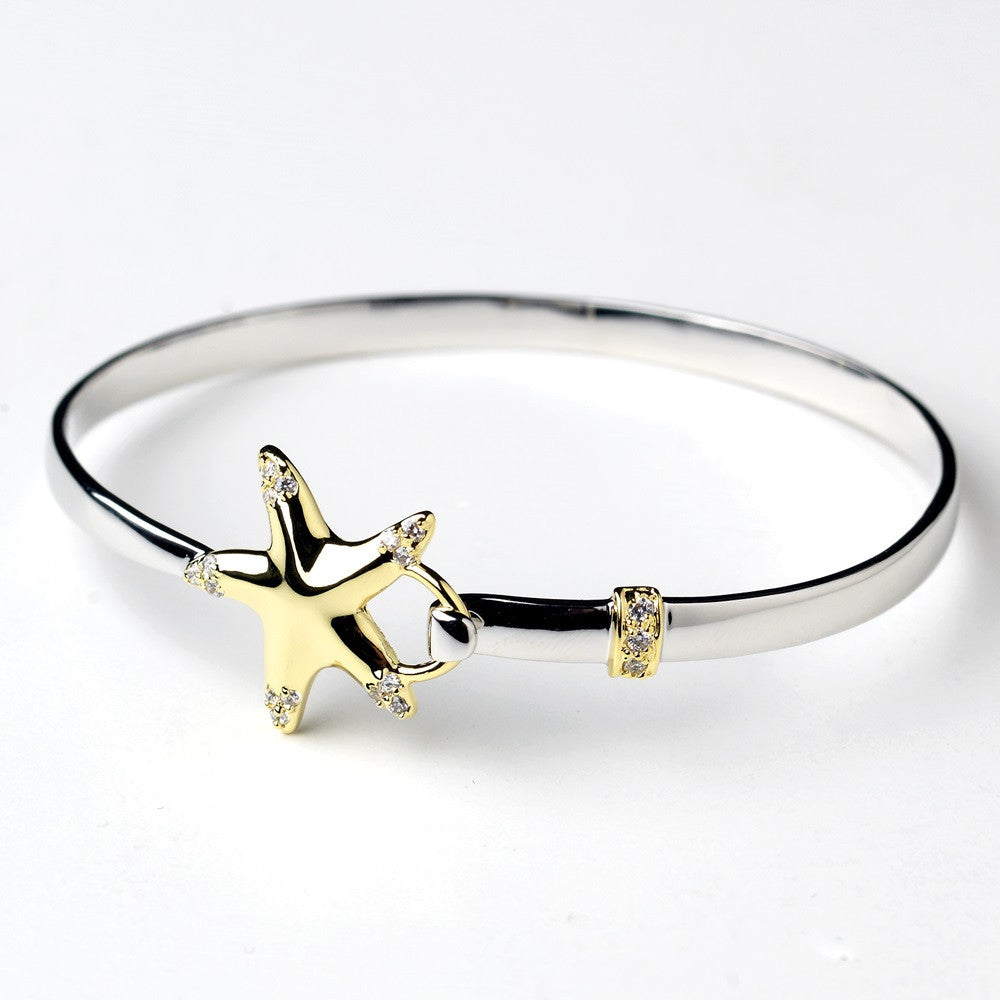 Silver & Gold Clear CZ Crystal Beach Starfish Bangle Bridal Wedding Bracelet 9257