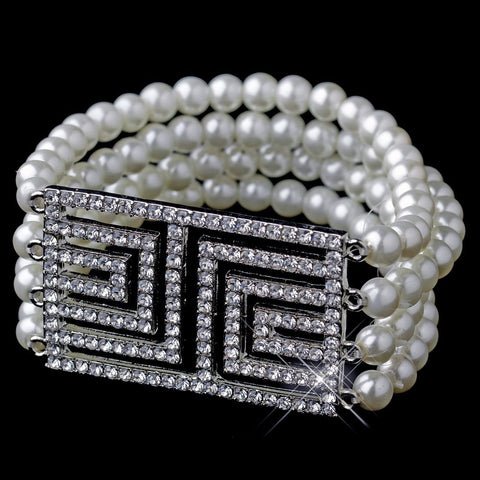 Antique Silver Ivory Pearl & Rhinestone Design Bridal Wedding Bracelet 9269