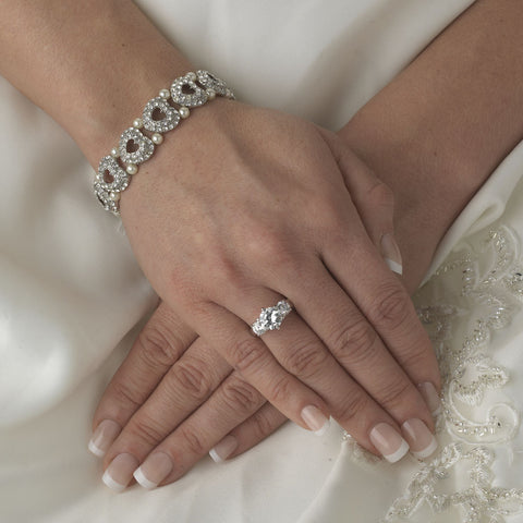 Elegant Pearl & Crystal Stretch Heart Bridal Wedding Bracelet B 927