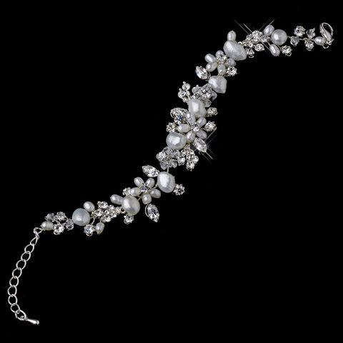 Silver Clear Swarovski Crystal Bead, Rhinestone & Freshwater Pearl Bridal Wedding Bracelet 9300