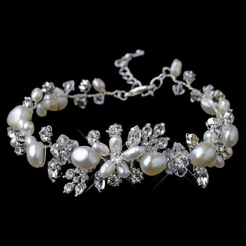 Silver Clear Swarovski Crystal Bead, Rhinestone & Freshwater Pearl Bridal Wedding Bracelet 9300