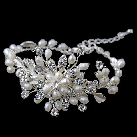 Silver Ivory Freshwater Pearl & Rhinestone Bridal Wedding Bracelet 1160