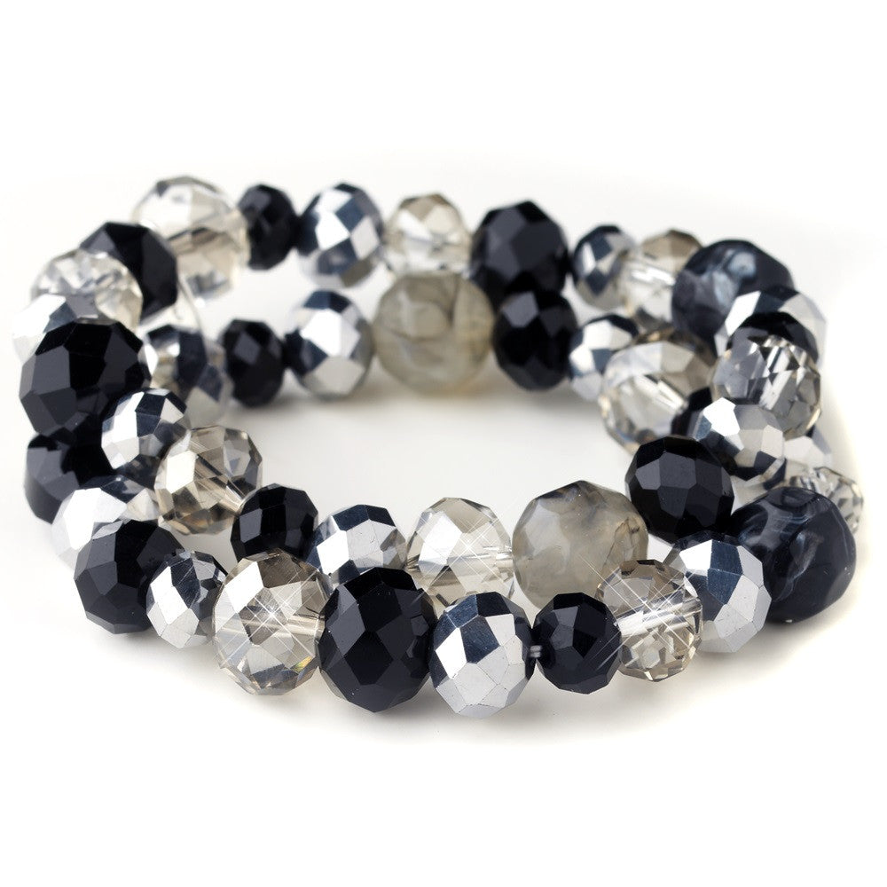 Black & Smoke Faceted Glass Stretch Bridal Wedding Bracelet 9507