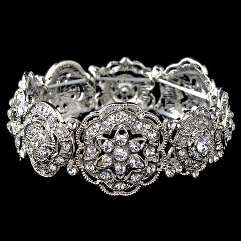 Rhodium Rhinestone Flower Stretch Bridal Wedding Bracelet 9611