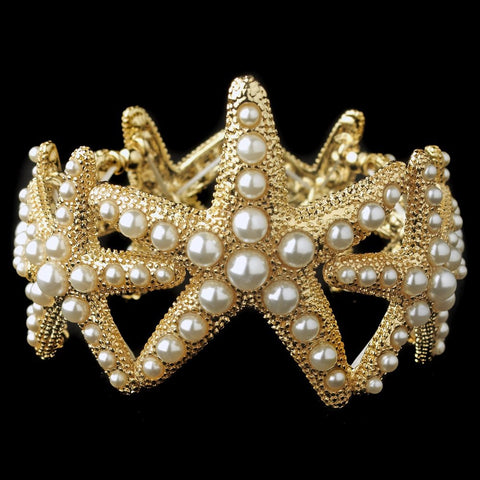 Gold Light Ivory Stretch Pearl Starfish Bridal Wedding Bracelet 9614