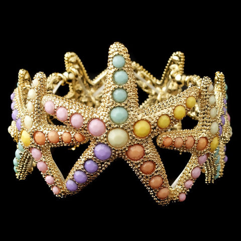 Gold Multi Colored Pearl Stretch Starfish Bridal Wedding Bracelet 9614