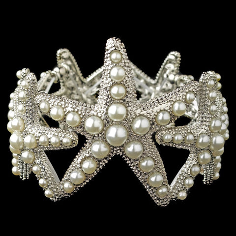 Rhodium Diamond White Pearl Stretch Starfish Bridal Wedding Bracelet