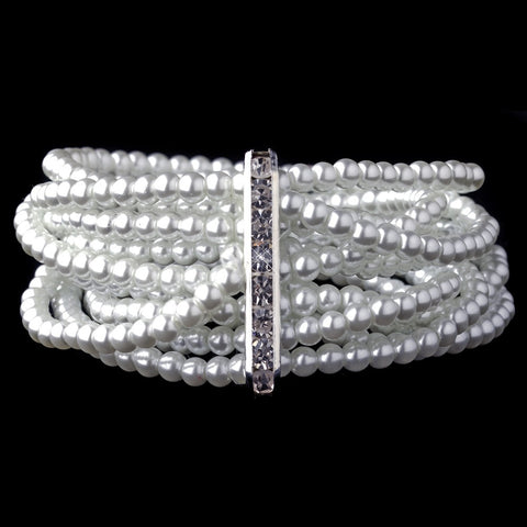 8 Row Silver White Pearl Stretch Bridal Wedding Bracelet