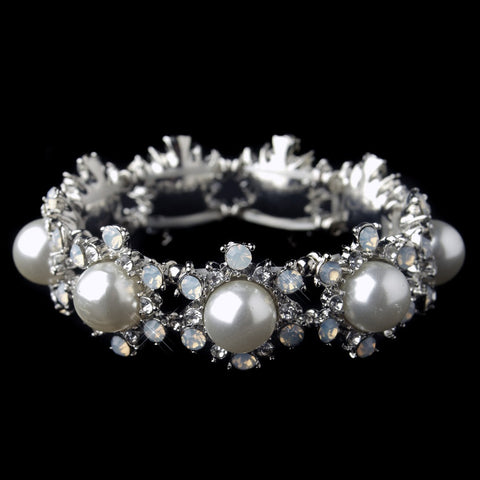 Rhodium Diamond White Pearl Stretch Bridal Wedding Bracelet 9619