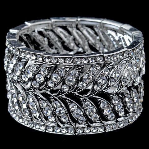 Rhodium Clear Rhinestone Grecian Leaf Stretch Bridal Wedding Bracelet 9641