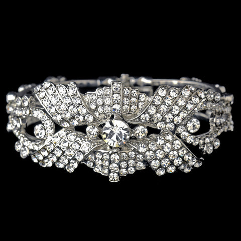 Rhinestone Flower Delight Pull Open Bangle Bridal Wedding Bracelet in Antique Silver 9675
