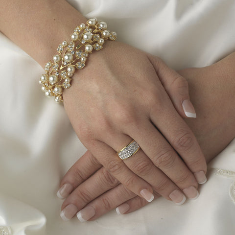 Gold Ivory Vintage Stretch Pearl & Rhinestone Bridal Wedding Bracelet B 969