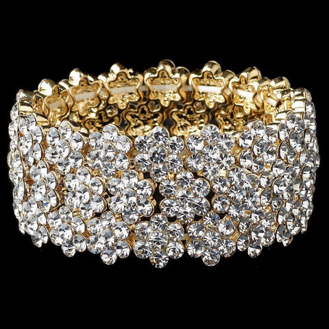 Clear Gold Flower Rhinestone Stretch Bridal Wedding Bracelet 9886