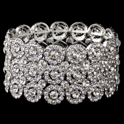 Clear Circle Rhodium 3 Row Stretch Bridal Wedding Bracelet 9887