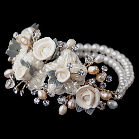 Gold Freshwater Rum Pearl, Faux Ivory Pearl & Rum Rose Stretch Bridal Wedding Bracelet 9900