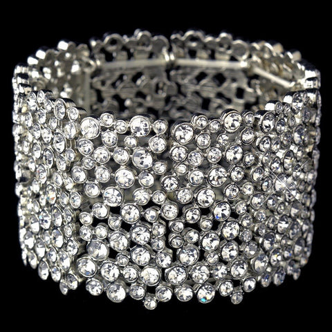 Antique Silver Clear Rhinestone Stretch Bridal Wedding Bracelet 9977