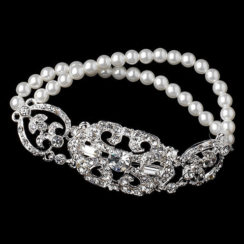 Silver Clear Rhinestone & Ivory Pearl Stretch Bridal Wedding Bracelet
