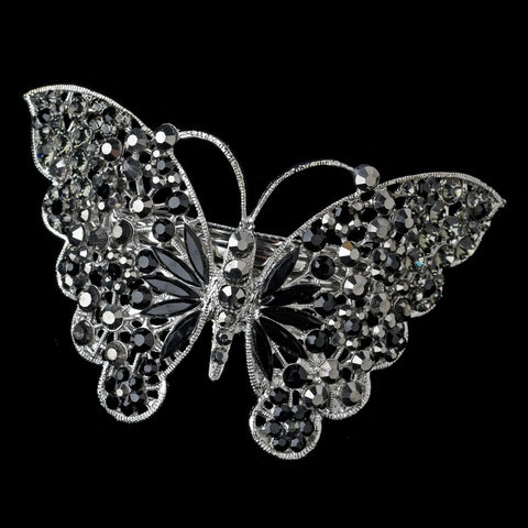 Silver Black Rhinestone Butterfly Bridal Wedding Hair Barrette 5090 XXL