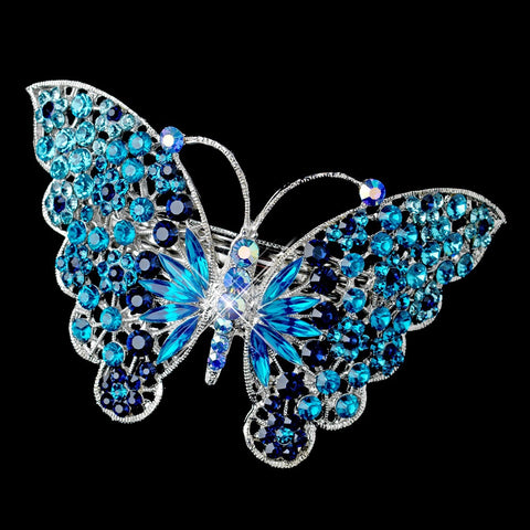 Silver Blue & AB Rhinestone Butterfly Bridal Wedding Hair Barrette 5090 XXL