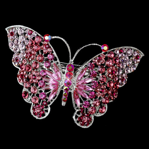 Silver Pink AB Rhinestone Butterfly Bridal Wedding Hair Barrette 5090 XXL