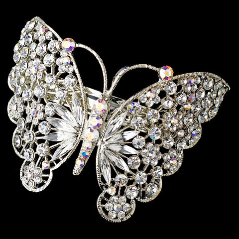 Silver Amethyst AB Rhinestone Butterfly Bridal Wedding Hair Barrette 5090 XXL