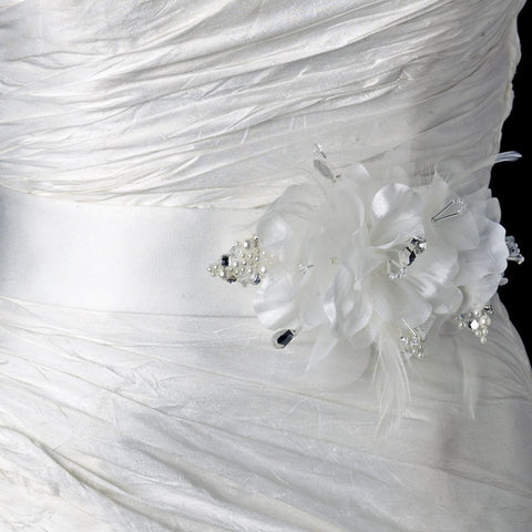 * Silver Flower Austrian Crystal & Pearl Bridal Bridal Wedding Sash Belt 115