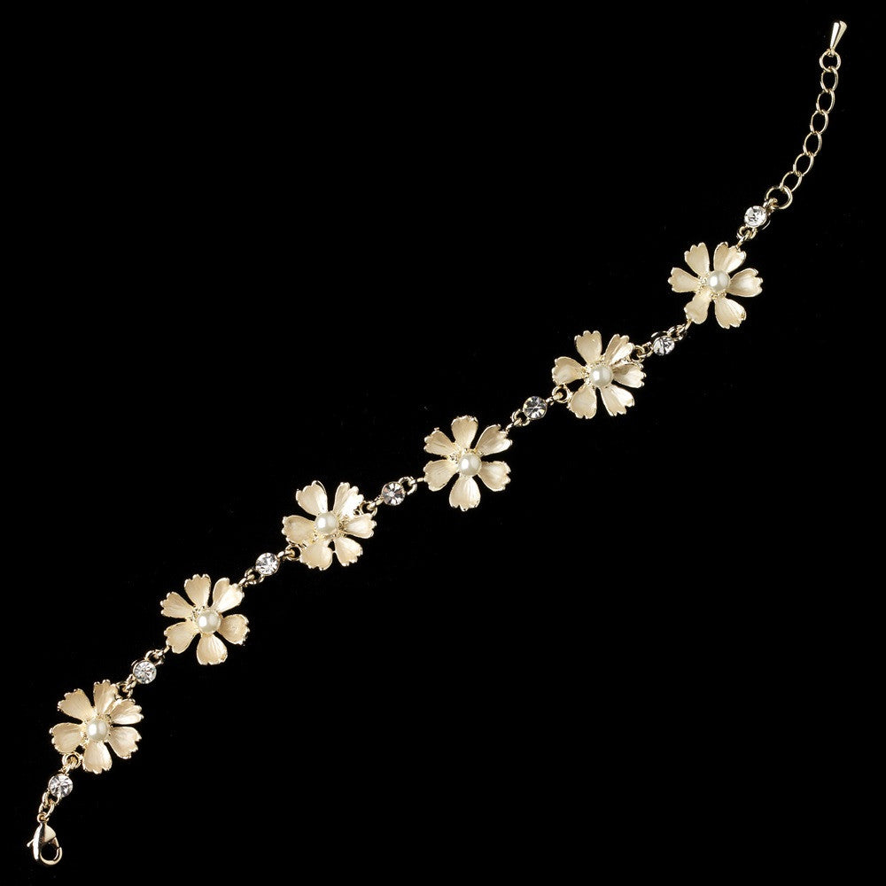 Gold Ivory Pearl Rhinestone Flower Tennis Bridal Wedding Bracelet