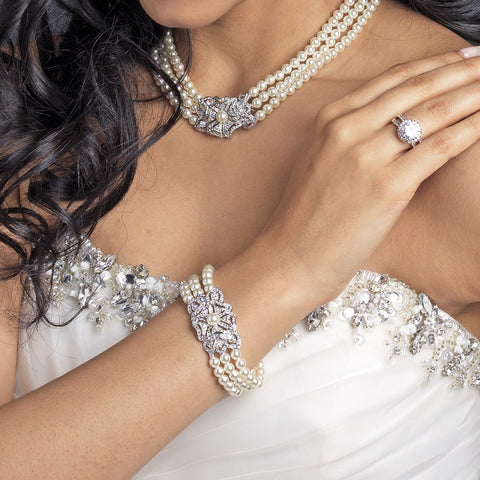 Rhodium Ivory Pearl & Rhinestone Multi Strand Bridal Wedding Bracelet 76011