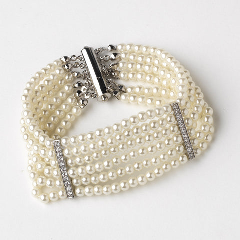 Rhodium Ivory 6 Row Pearl Stretch Bridal Wedding Bracelet 82065